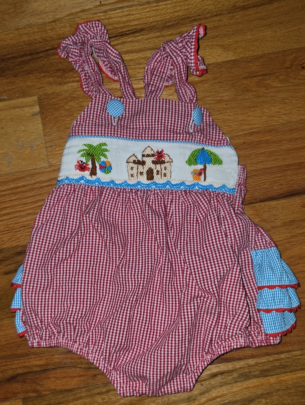 Red Gingham Smocked Beach Bubble with Blue Accents